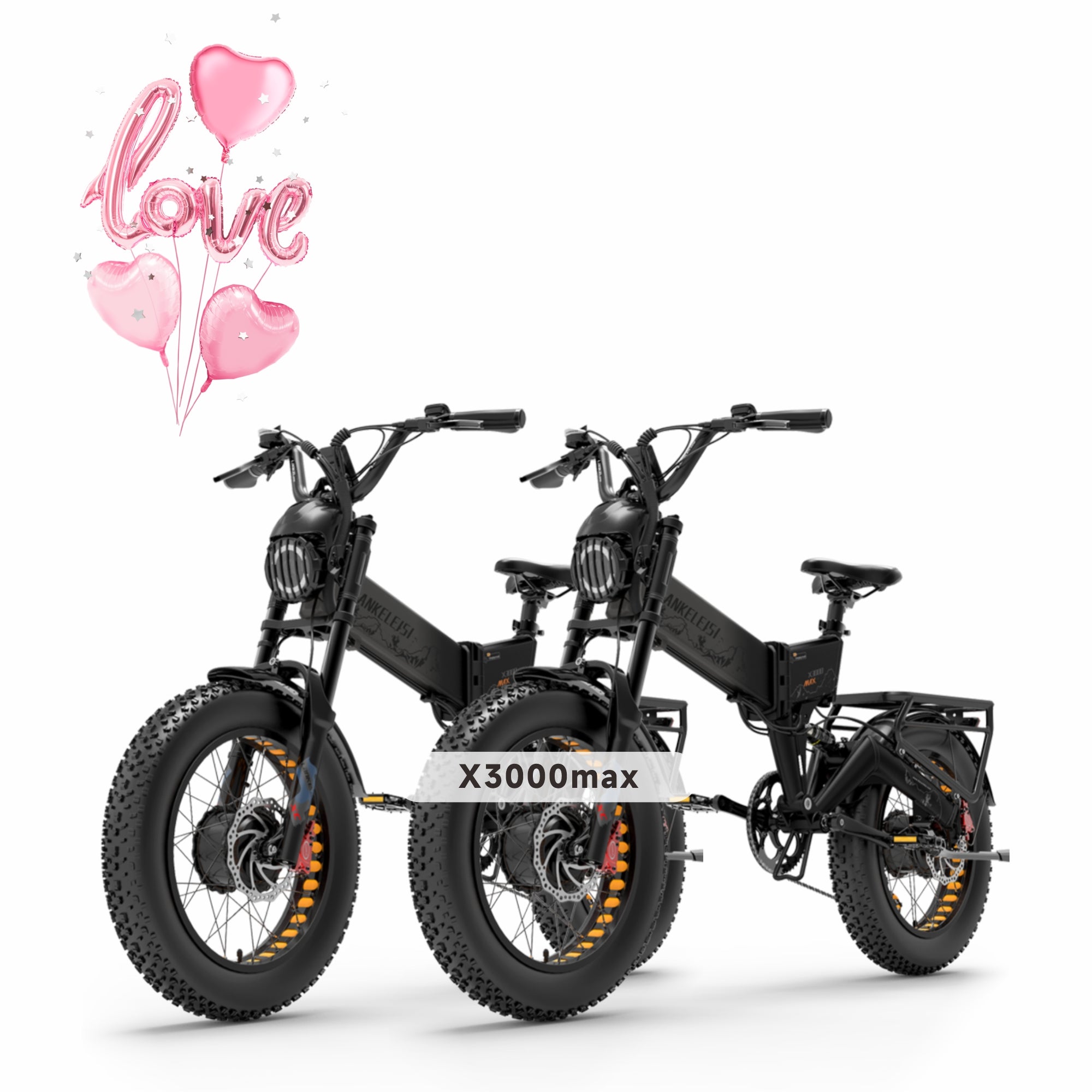 LANKELEISI X3000 MAX electric mountain bike with dual motors, foldable design, 2000W motor, black frame, and suspension system.