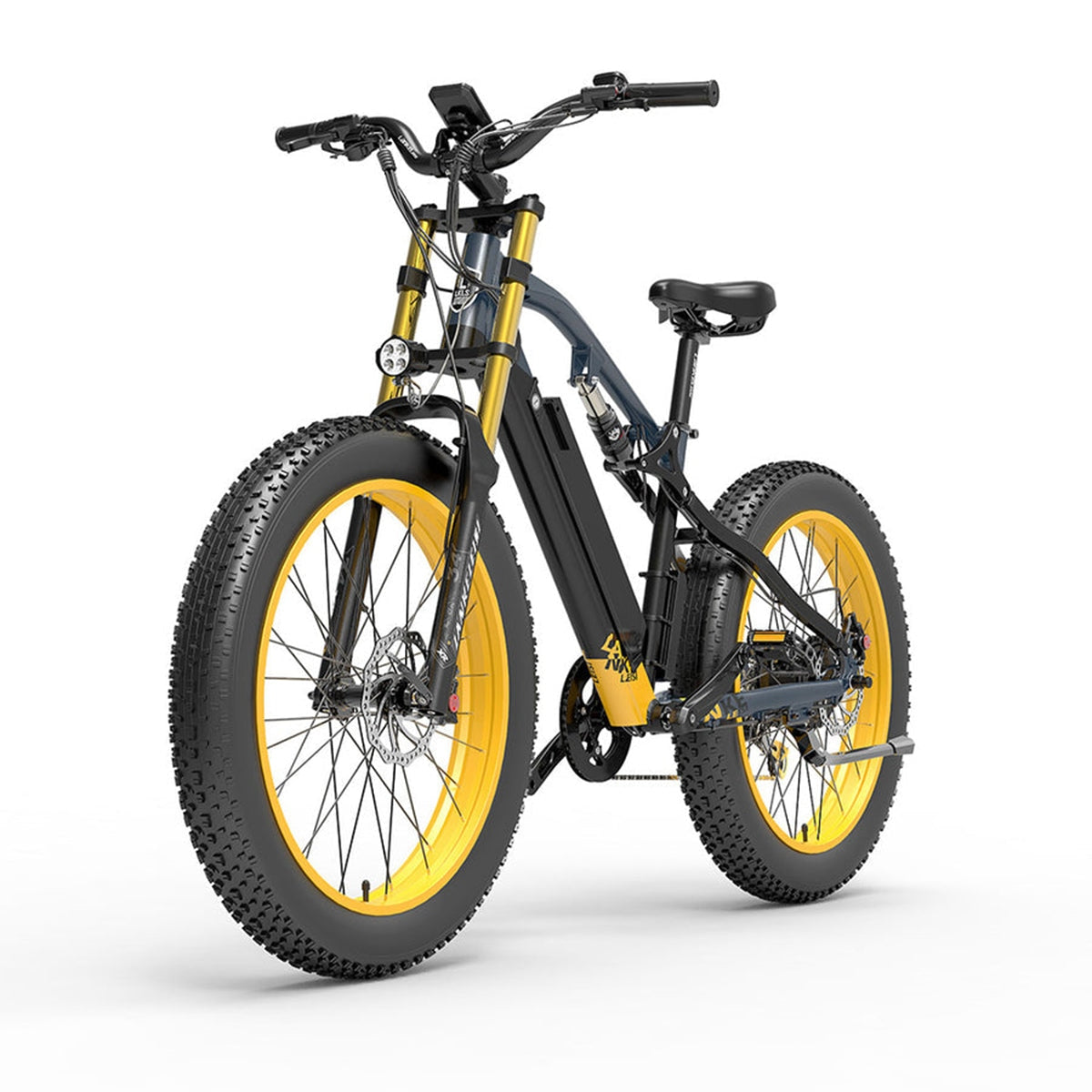 Yellow LANKELEISI RV700 Explorer electric hunting bike with rugged frame and off-road tires, ideal for outdoor adventures.