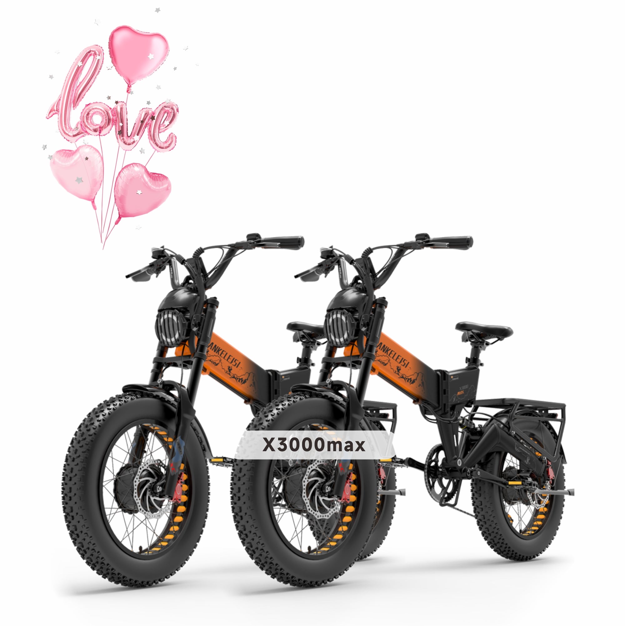 LANKELEISI X3000 MAX electric mountain bike with dual motors, foldable frame, and 2000W power, shown in a scenic outdoor setting.