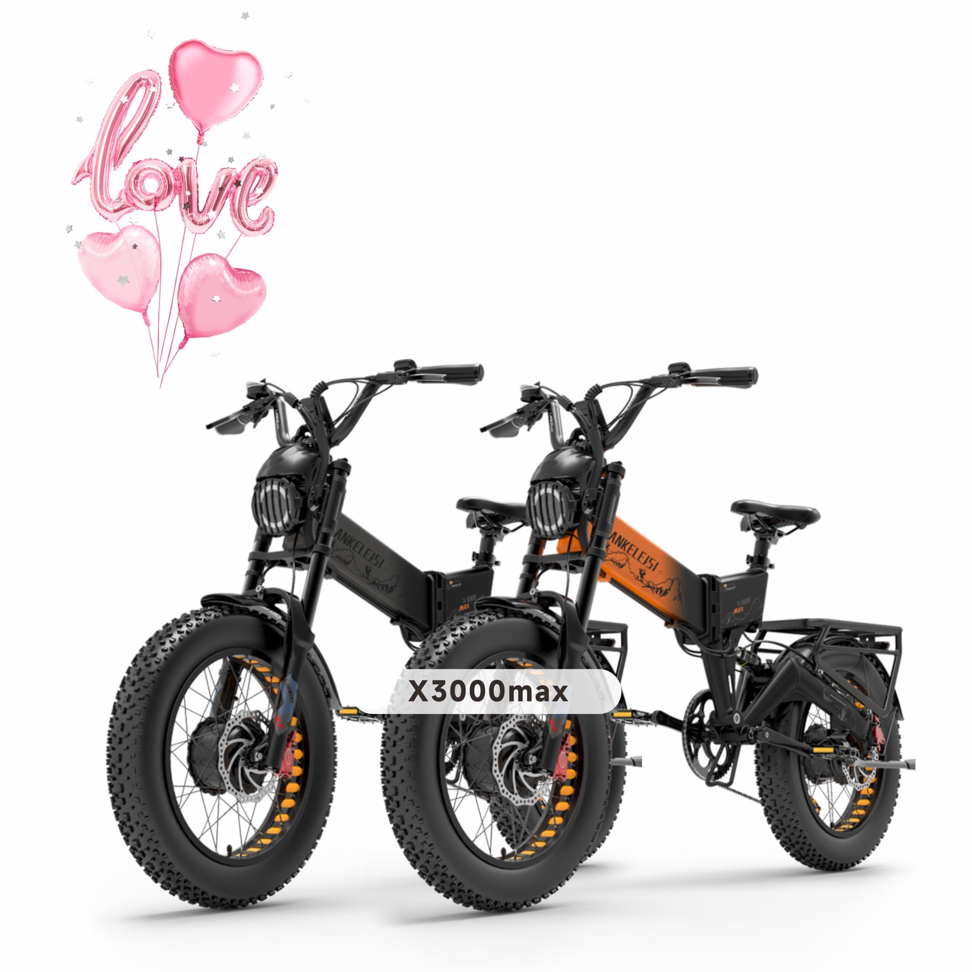 Lankeleisi X3000 MAX electric mountain bike with dual motors, foldable design, 2000W power, and sturdy frame, ready for outdoor riding.