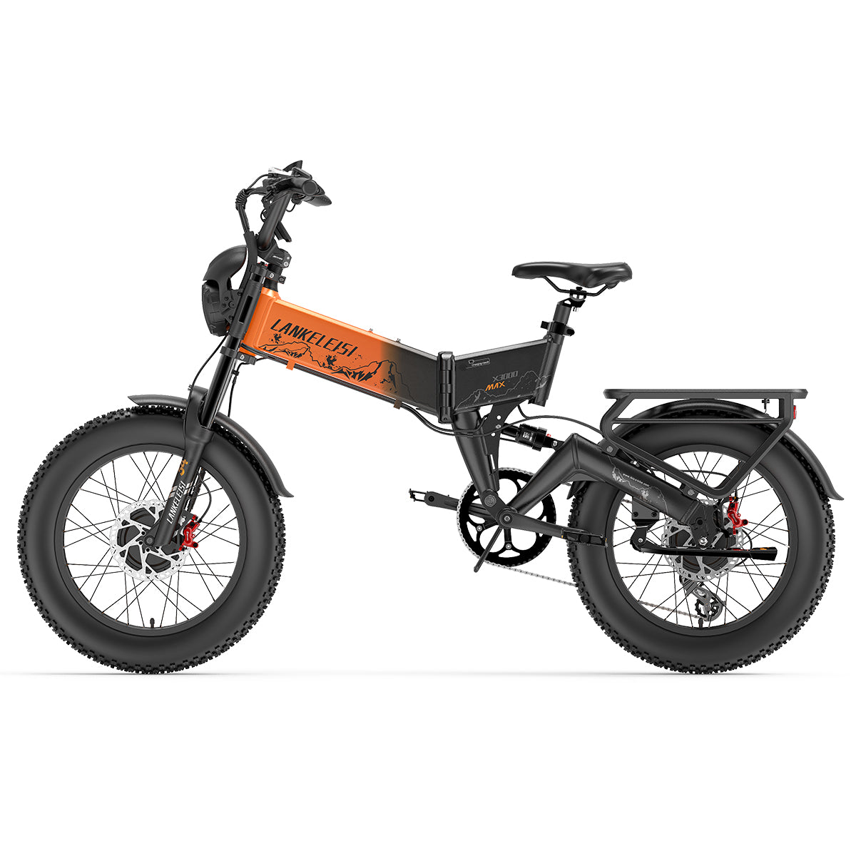 LANKELEISI X3000 MAX 2000W dual motor foldable electric mountain bike in orange, featuring sturdy frame and off-road tires.