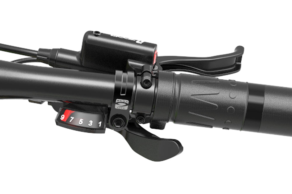 Lankeleisi bikes e-bike gear and speed shifter control thumb dials, close-up of black thumb switches on handlebar for gear shifting
